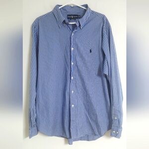 Ralph Lauren Shirt Men 17.5 36/37 Blue White Stripe Button Up Long Sleeve Cotton